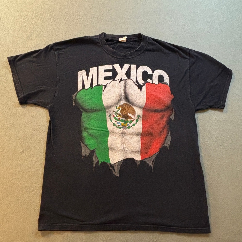 VTG Jerzees Mexico T Shirt Mens XL Black Flag Graphic Tee Y2K 90s Street